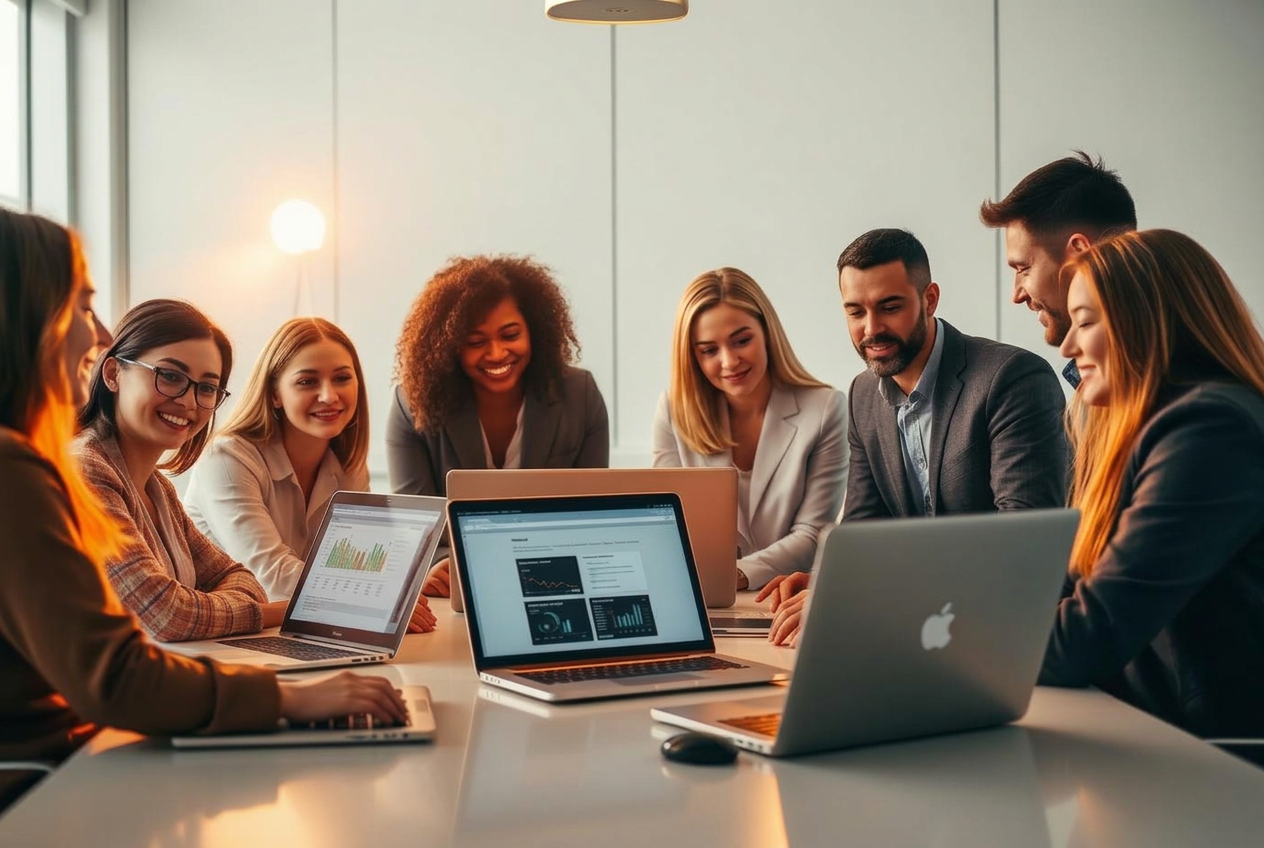 A diverse team collaborating around laptops running AI tools
