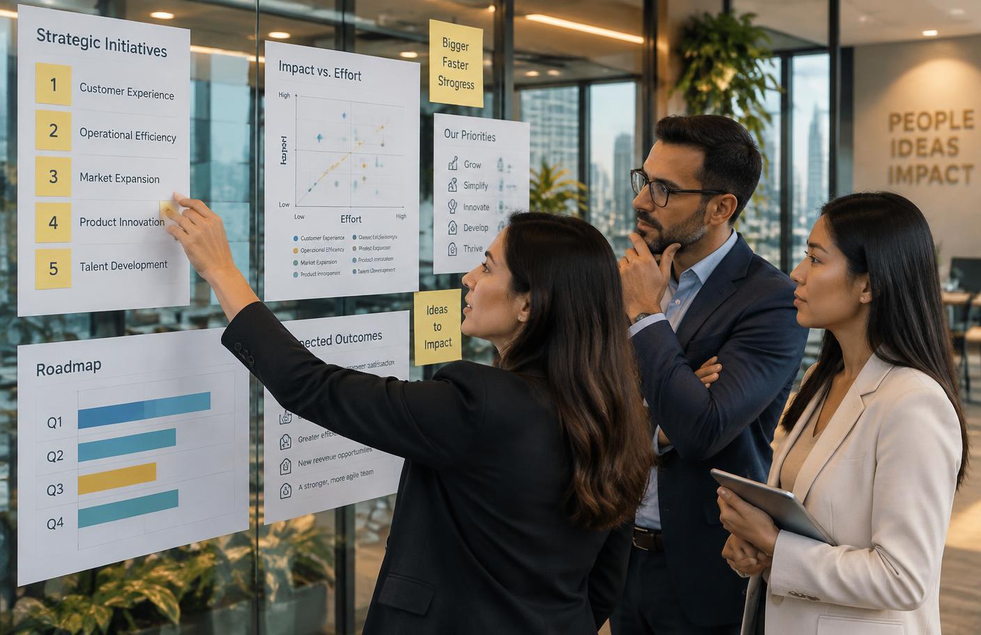 Consultants ranking initiatives on a glass wall of priority charts
